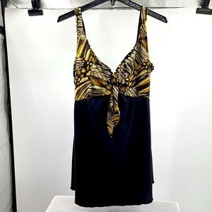 Vintage 90’s Carol Wior Black & Gold Abstract One Piece Swimsuit Size Large